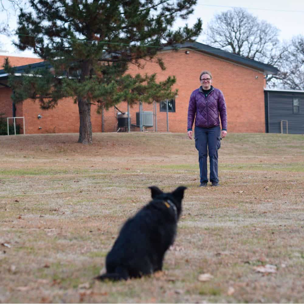Dog training session at Trusty Dog Training Tulsa with trainer and dog outdoors.