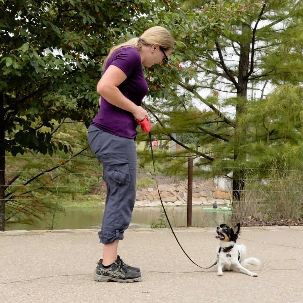 Woman training small dog with leash outdoors in Tulsa park.